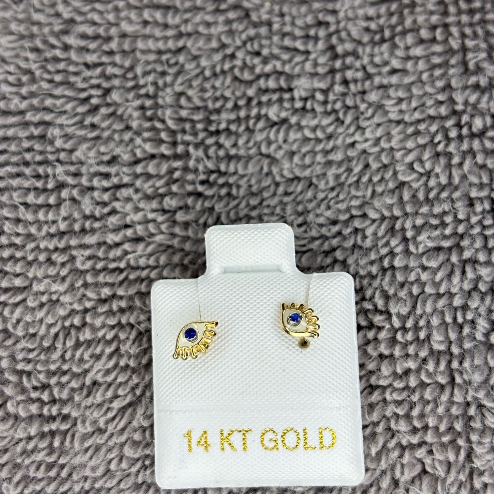 Planet Gold 14 KT Gold Eye Earrings with Blue Accent